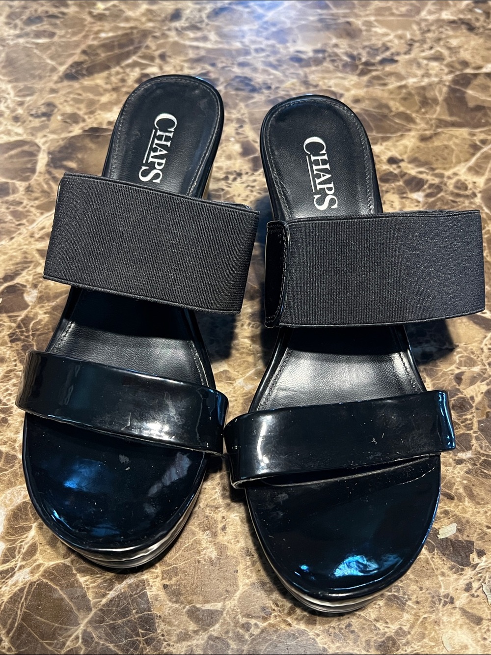 Chaps Rhoda Black Patent Slide Mules with Elastic Strap